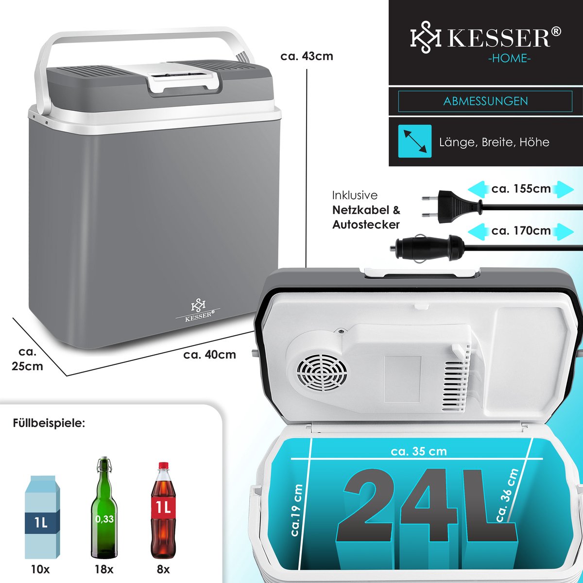 Koelbox Elektrisch – 12V en 230 volt - Coolbox - Frigobox - 24L – Grijs •