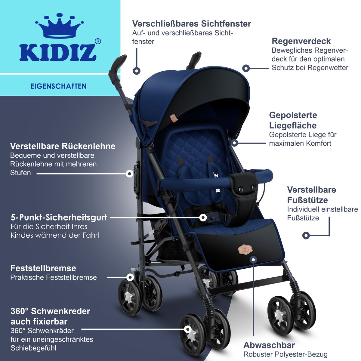 KIDIZ® Kinderwagen / Wandelwagen City-Pro Buggy Kinderbuggy Opvouwbaar Liggende wandelwagen Kinderwagen Opvouwbaar 360° 6-inch wielen Incl. muggennet, voetenzak en regenhoes Opvouwbaar Slaapfunctie - Marineblauw / Zwart