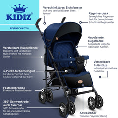 KIDIZ® Kinderwagen / Wandelwagen City-Pro Buggy Kinderbuggy Opvouwbaar Liggende wandelwagen Kinderwagen Opvouwbaar 360° 6-inch wielen Incl. muggennet, voetenzak en regenhoes Opvouwbaar Slaapfunctie - Marineblauw / Zwart