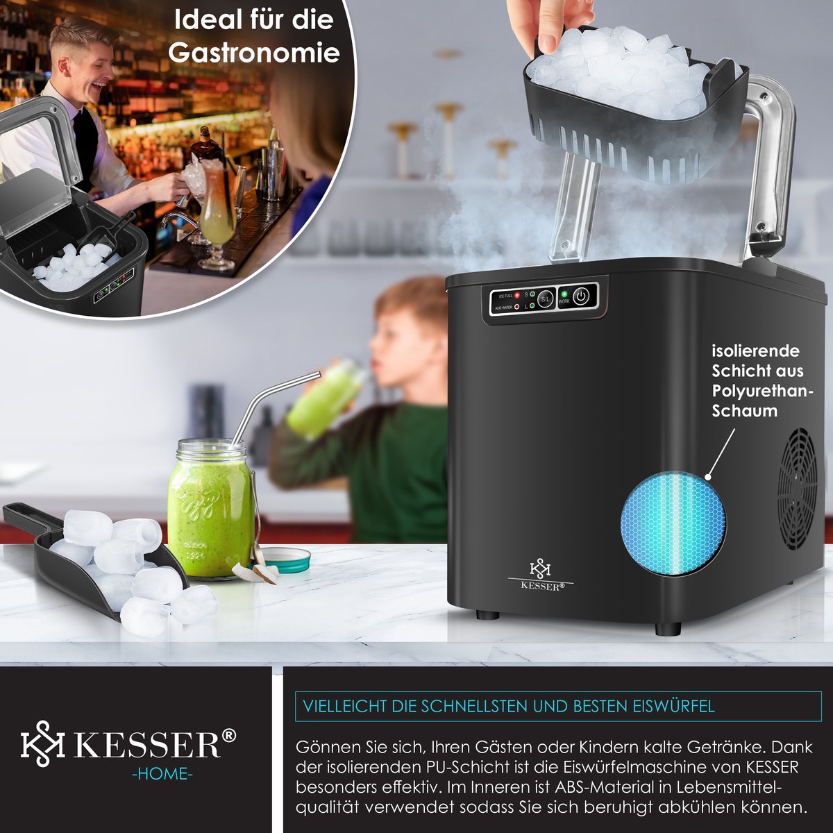 KESSER® Ijsblokjesmaker - Ijsblokjesmachine -12kg/24 uur - RVS - Zwart •