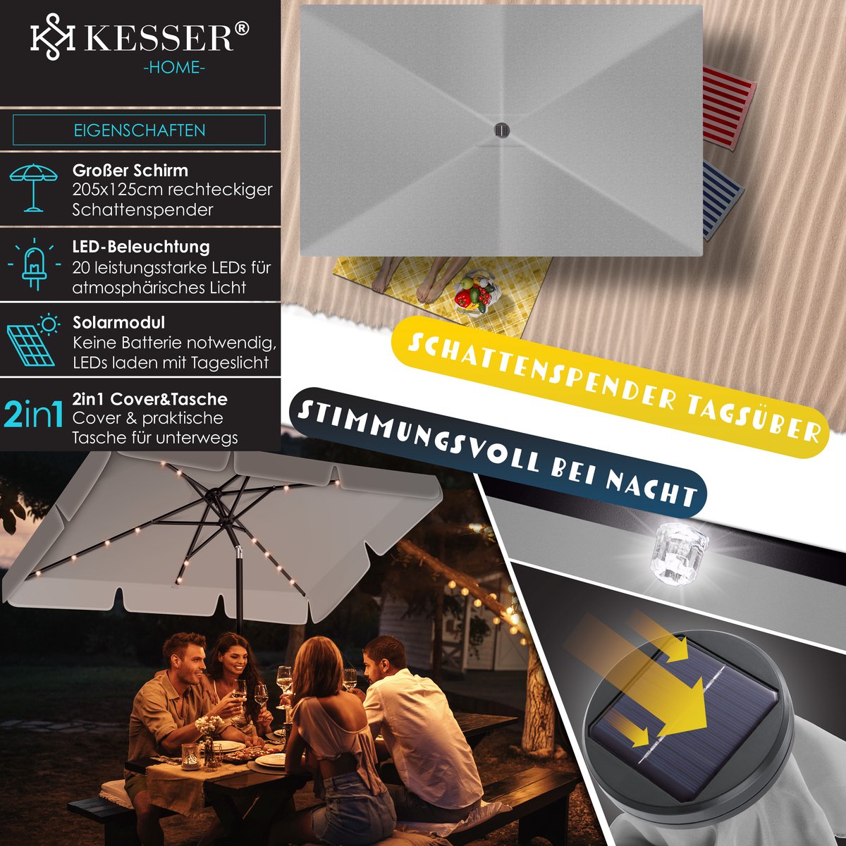 KESSER® Parasol LED Solar Stokparasol met Zwengel Incl. 2in1 Beschermhoes Transporttas, Tuinparasol, Parasol voor Balkon Tuin & Terras Verstelbaar Buigbaar Balkonparasol - Hoekig, Lichtgrijs