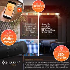 KESSER® Infraroodstraler / Infrarood Stralingsverwarming 3000W IR Gastro Bar Incl. LED Licht Patio Heater Met WiFi & Afstandsbediening incl. Beschermhoes Infrarood Heater Kwarts Heater Patio Heater Wand Heater - Wit