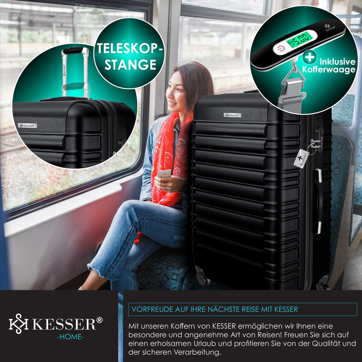 KESSER® 1x Koffer Incl. Bagageweger + Bagagelabel - Reiskoffer met 4 Wielen en Cijferslot, ABS Hardcase, Telescopisch handvat Trolley Bagagerolkoffer- 75cm - 120L, Zwart