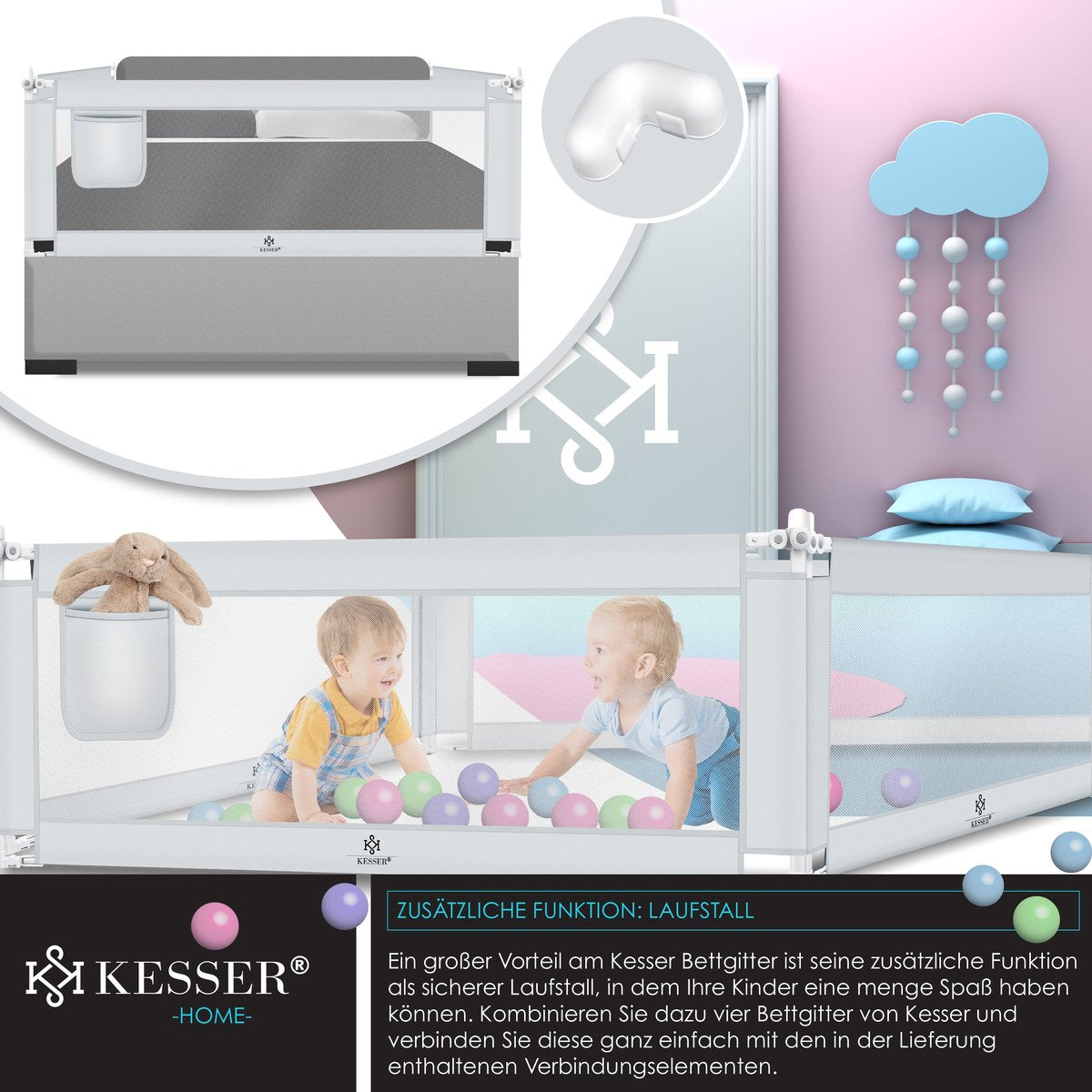 KESSER® bedhekje - Bedhek Kinderbedhek voor kinderen Baby bedhek Valbeveiligingsbed voor Bed & boxspring - 180cm, Roze