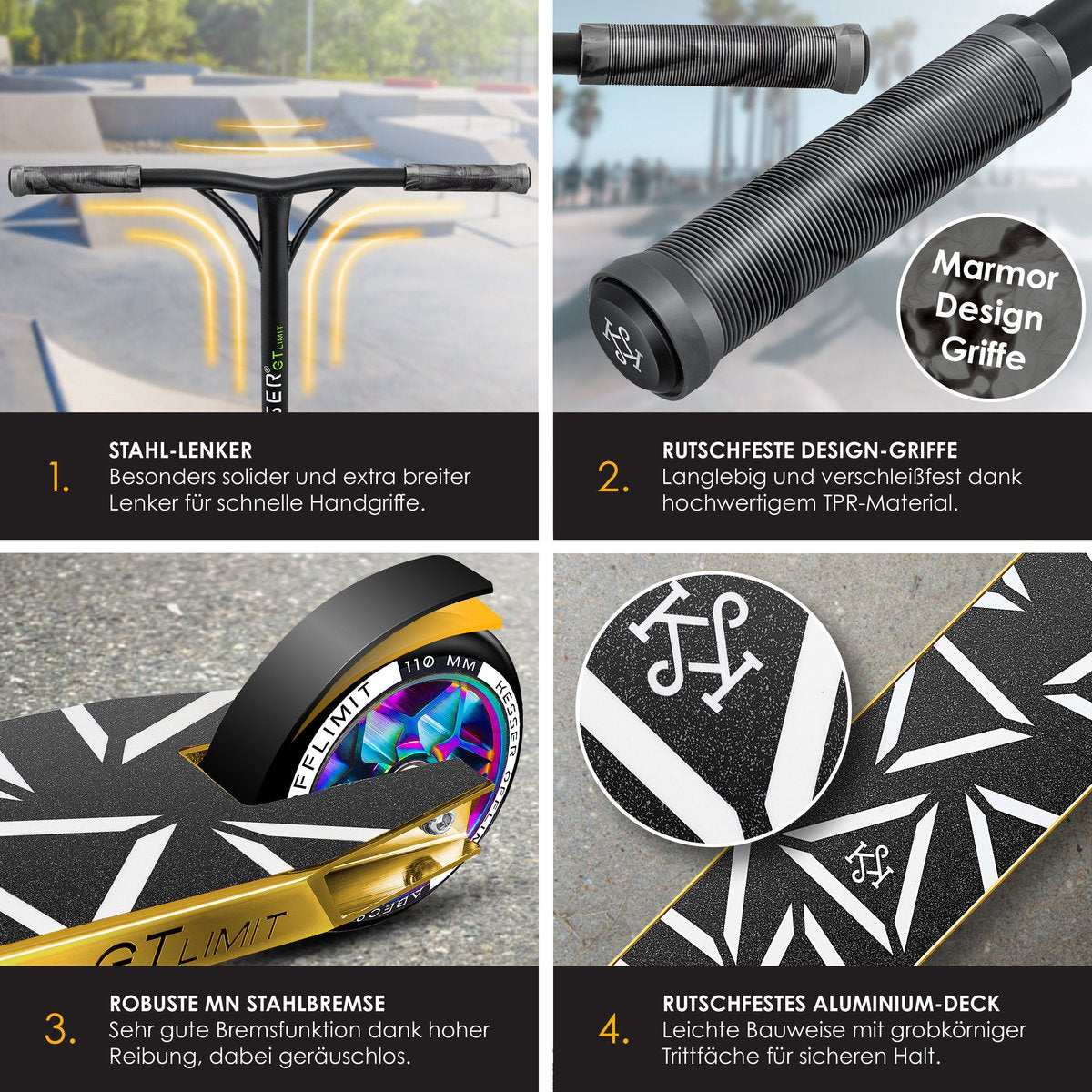 KESSER® Stuntstep GT-Limit 360° voor Volwassenen en Kinderen - Step met Standaard ABEC 9 Kogellagers, 110 mm PU Wielen Stunt Scooter - Goud