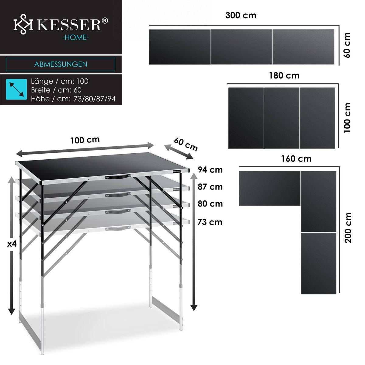 KESSER® 3 Inklapbare Tafel - Campingtafel - Klaptafel - 100x60cm - Zwart