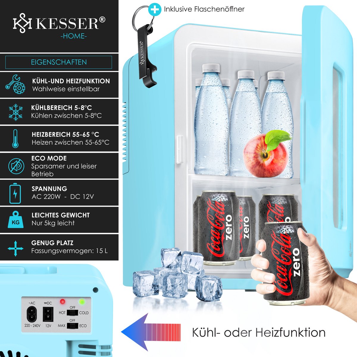 KESSER® Mini Koelkast - 15 Liter - Koelbox - Lichtblauw