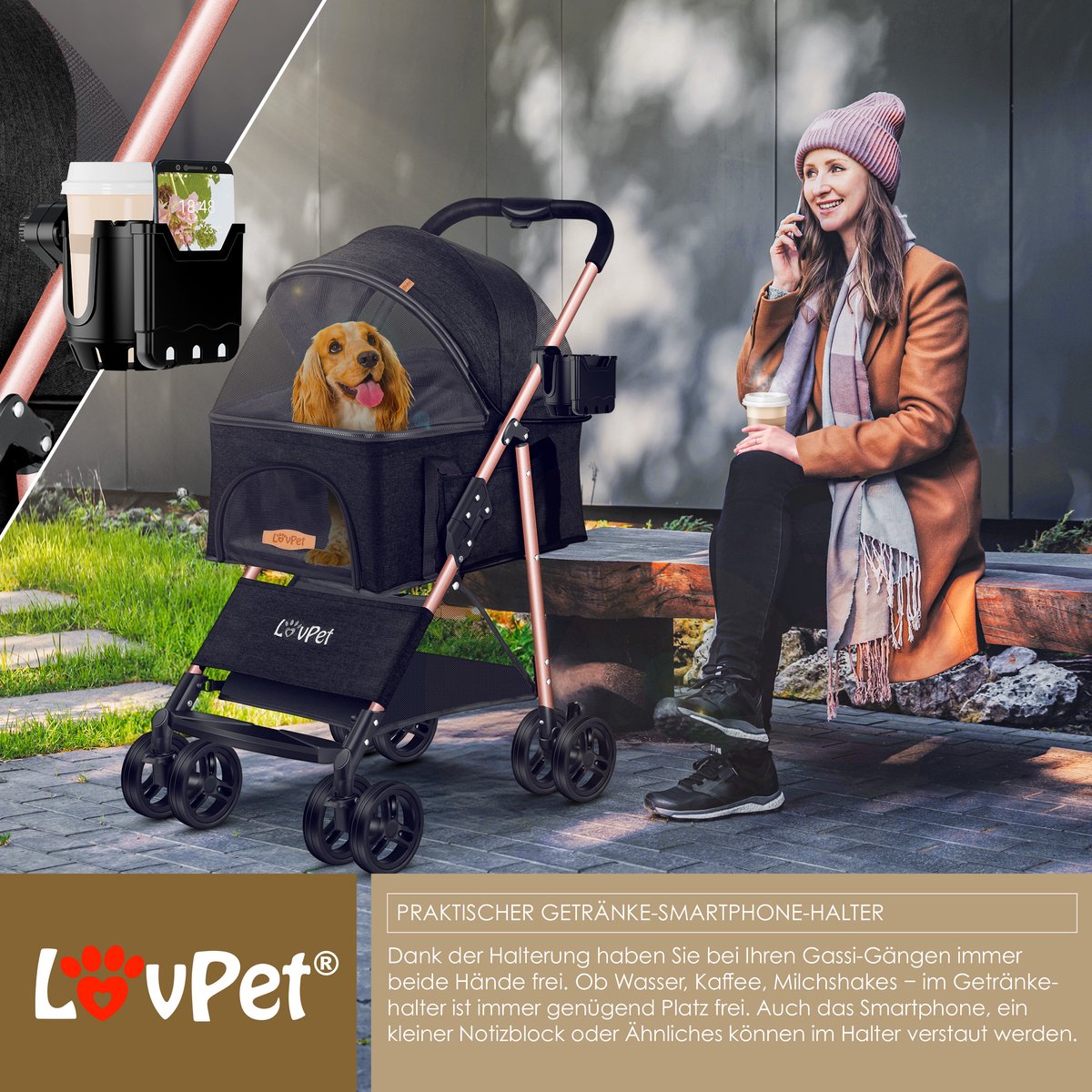 LOVPET® Hondenbuggy 2in1 Huisdieren - Wandelwagen - Zwart