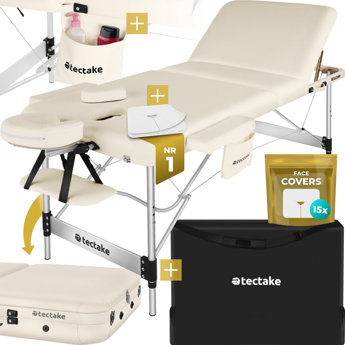 tectake® 3-Zones Massagetafel – 78cm Breed – Behandelbank met 5cm Dikke Vulling en Aluminium Frame – Inclusief 15 Hoofdsteundoekjes en Draagtas – Max Draagvermogen 230kg – Beige