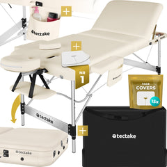 tectake® 3-Zones Massagetafel – 78cm Breed – Behandelbank met 5cm Dikke Vulling en Aluminium Frame – Inclusief 15 Hoofdsteundoekjes en Draagtas – Max Draagvermogen 230kg – Beige