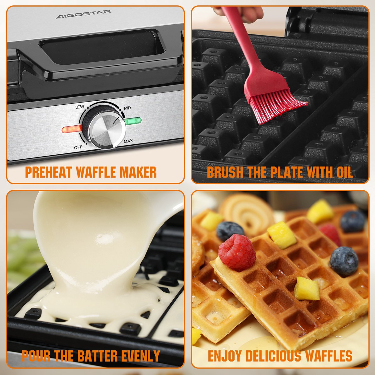 Aigostar Savory - Wafelijzer - 2 Belgische wafels - 4x7 - Regelbare thermostaat - Anti aanbaklaag - RVS - 20 x 17 cm - 1600W - Zwart •