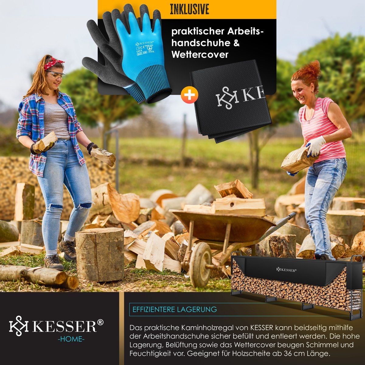 KESSER® Houtopslag voor Buiten - Metaal Houtrek 200kg Haardhout Opslag - Brandhout Rek met Stalen Frame + Afdekking & Handschoenen, Waterdichte Brandhoutrek Haardhoutrek - 390x36x117cm