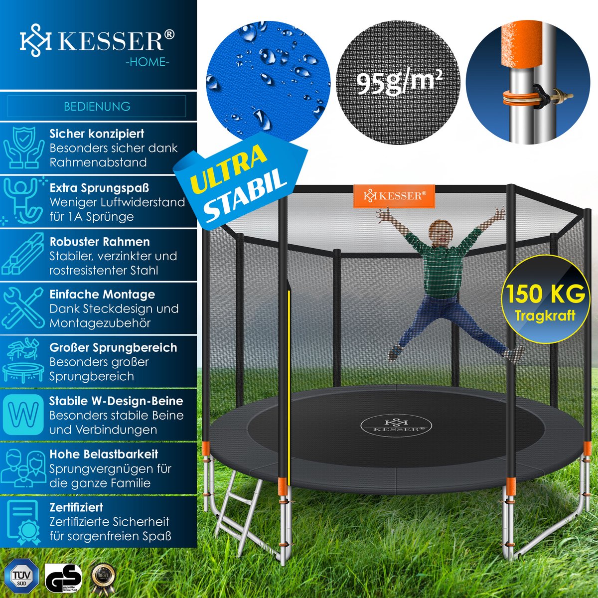 KESSER® Trampoline 305 cm - Veiligheidsnet en Ladder - tot 150 kg belasting - Oranje