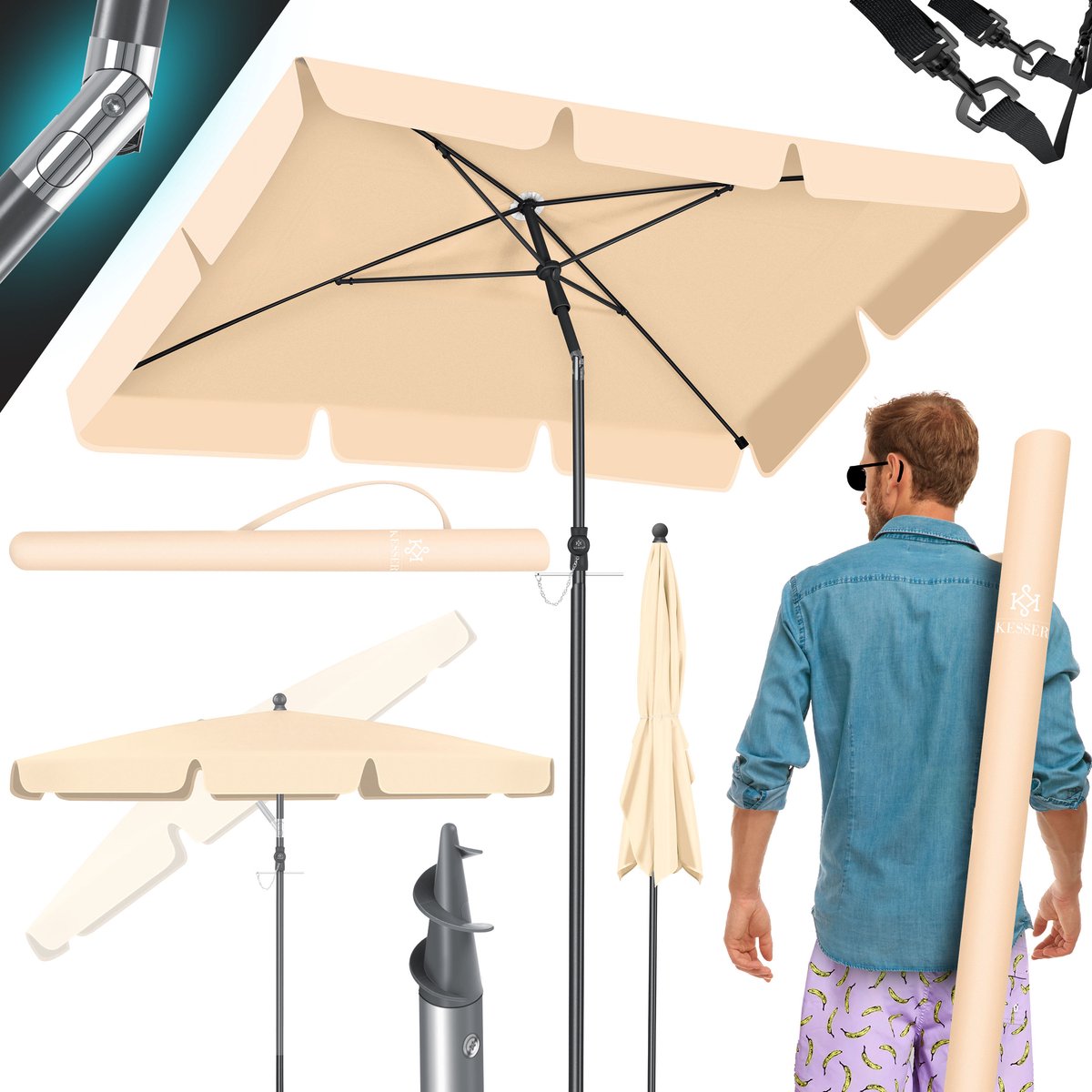 KESSER® Parasol - 200x125 - Verstelbaar - Vierkant - Beige