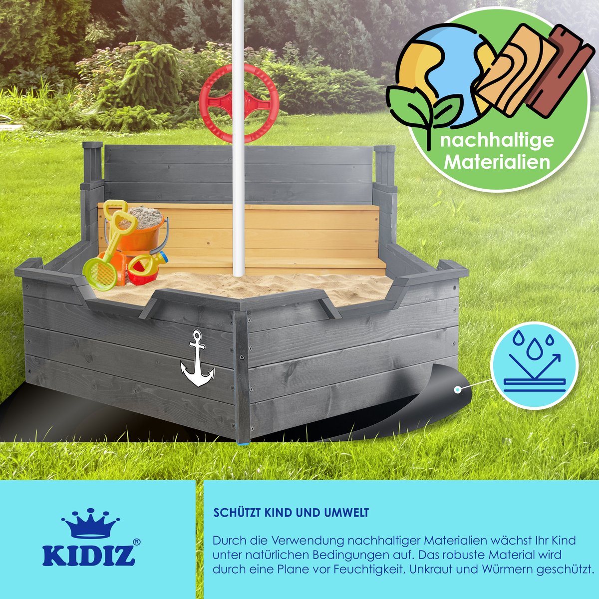 KIDIZ® Zandbak piratendesign - Met bankje - Antraciet