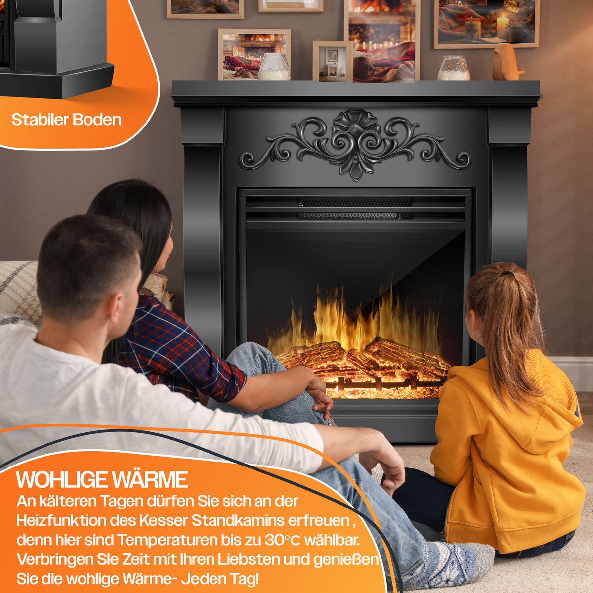 KESSER® Sfeerhaard Elektrisch Haard 1800W met LED Vlammen Dimbaar - Electrische Kachel met Timer & Afstandsbediening - Elektrische Verwarming met Thermostaat - Villa Zwart
