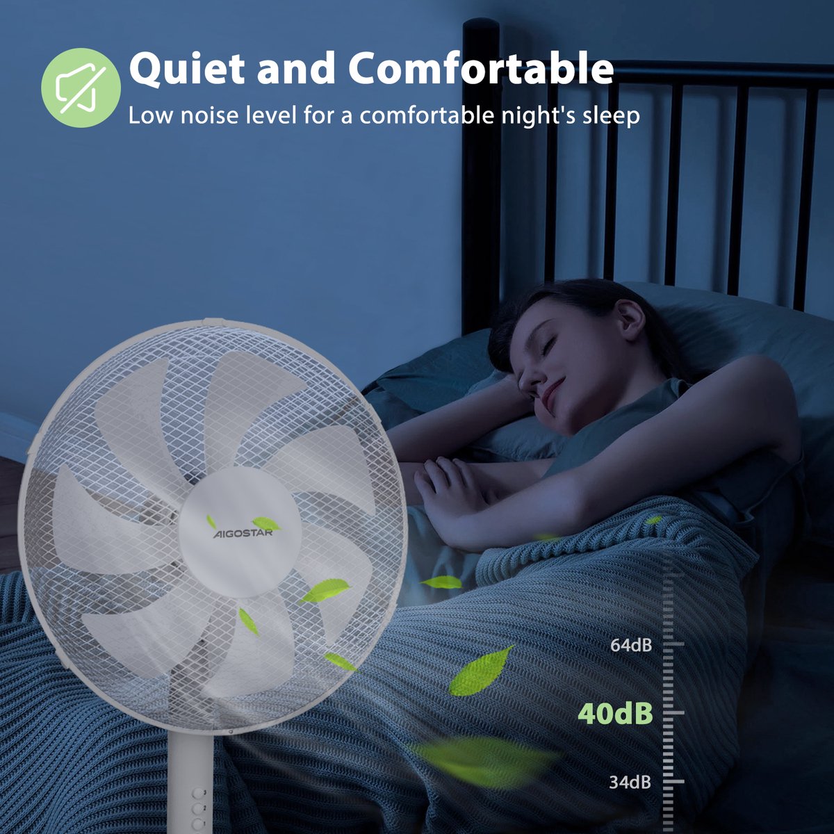 Aigostar Erika Statiefventilator - Oscillerende Ventilator Staand - Stille Werking - 3 Standen - In hoogte verstelbaar - 7 bladen - 50W - Wit