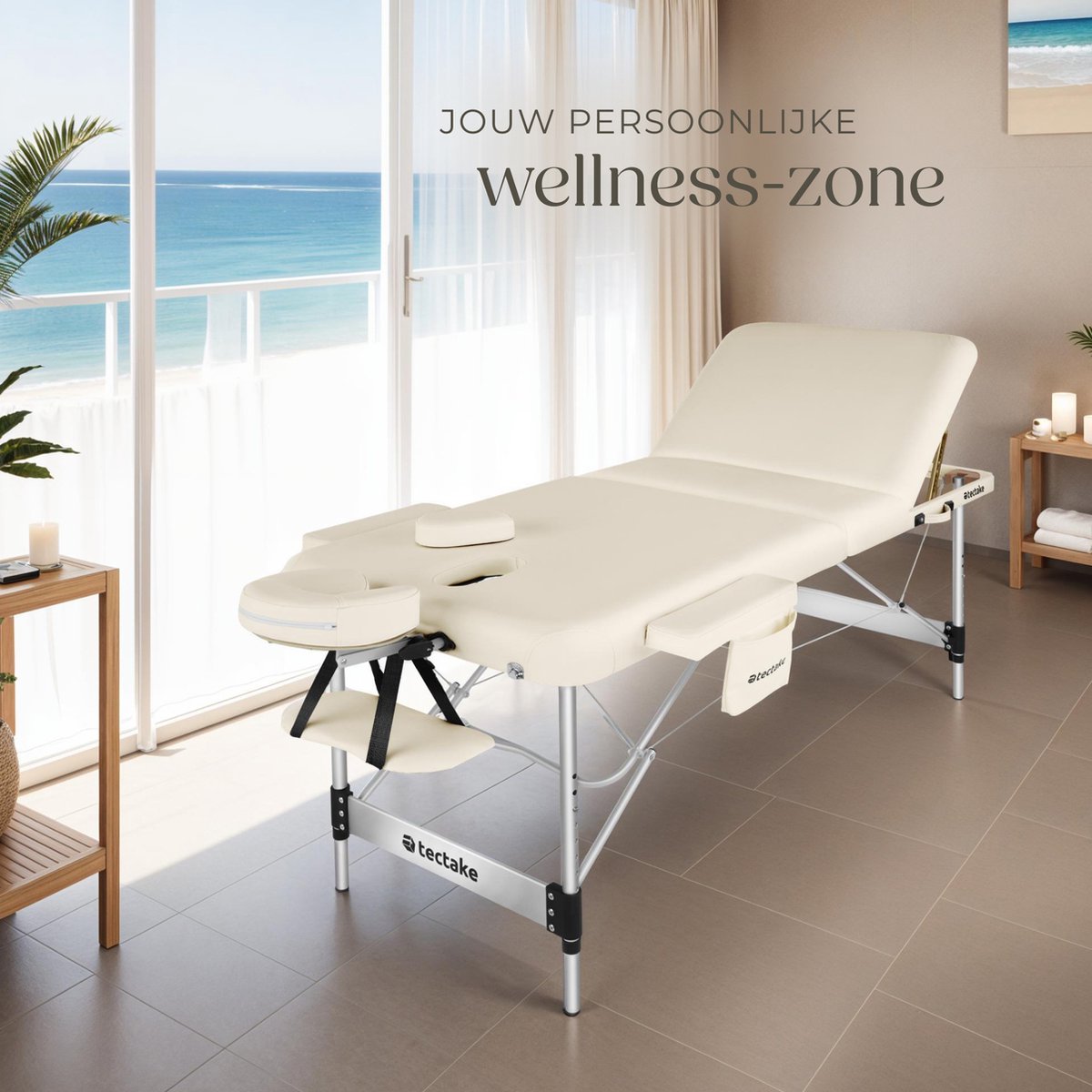 tectake® 3-Zones Massagetafel – 78cm Breed – Behandelbank met 5cm Dikke Vulling en Aluminium Frame – Inclusief 15 Hoofdsteundoekjes en Draagtas – Max Draagvermogen 230kg – Beige