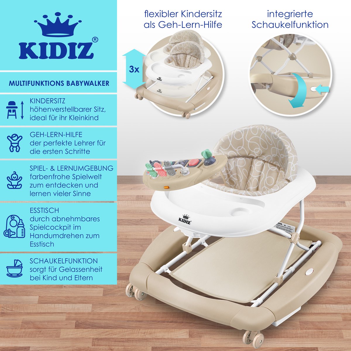 KIDIZ® 4in1 Baby walker - Loopstoel - Loopwagen - Opvouwbaar - Khaki •