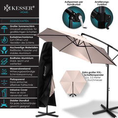 KESSER® Zweefparasol met voet  - Ø3,5m - 360° Draaibaar  - Taupe