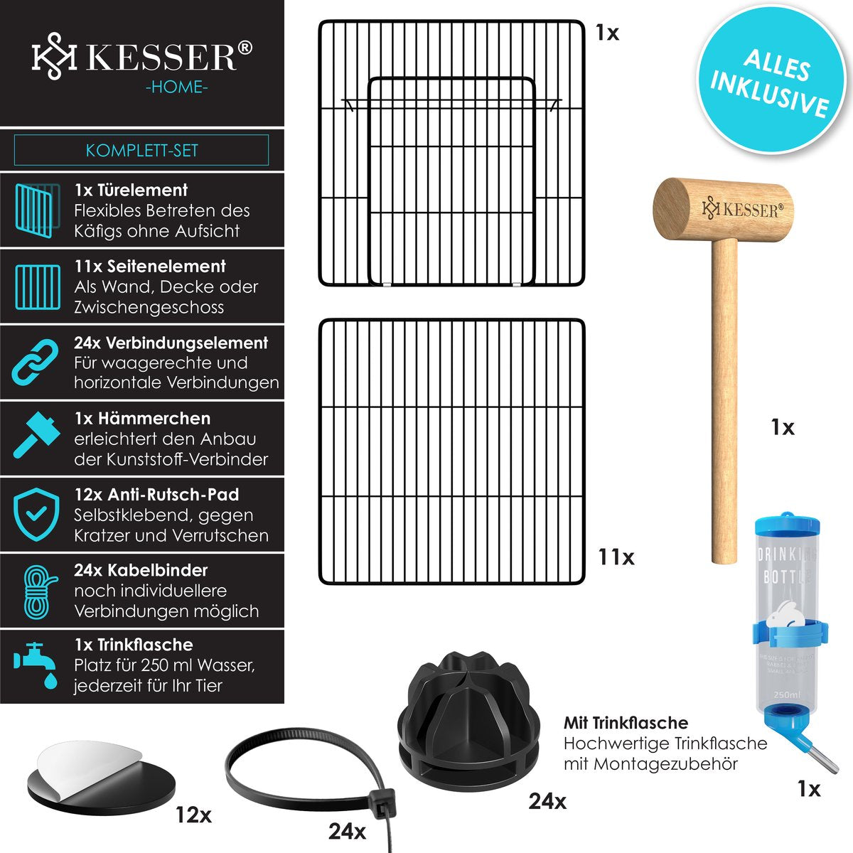 KESSER® Konijnenren - Konijnenhok - 36x144x72 cm - Zwart