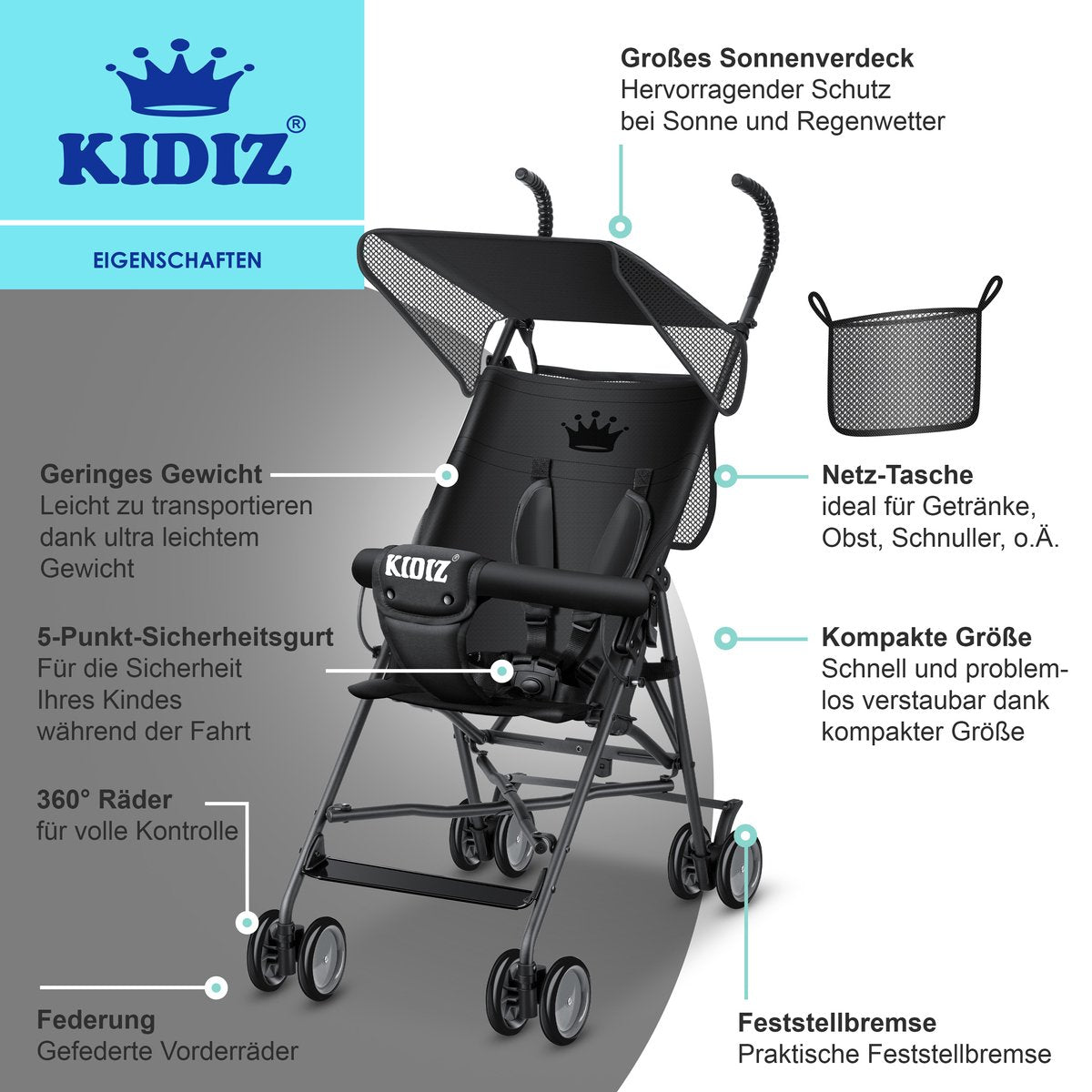 KIDIZ® Kinderwagen - Wandelwagen - Kinderbuggy - Zwart