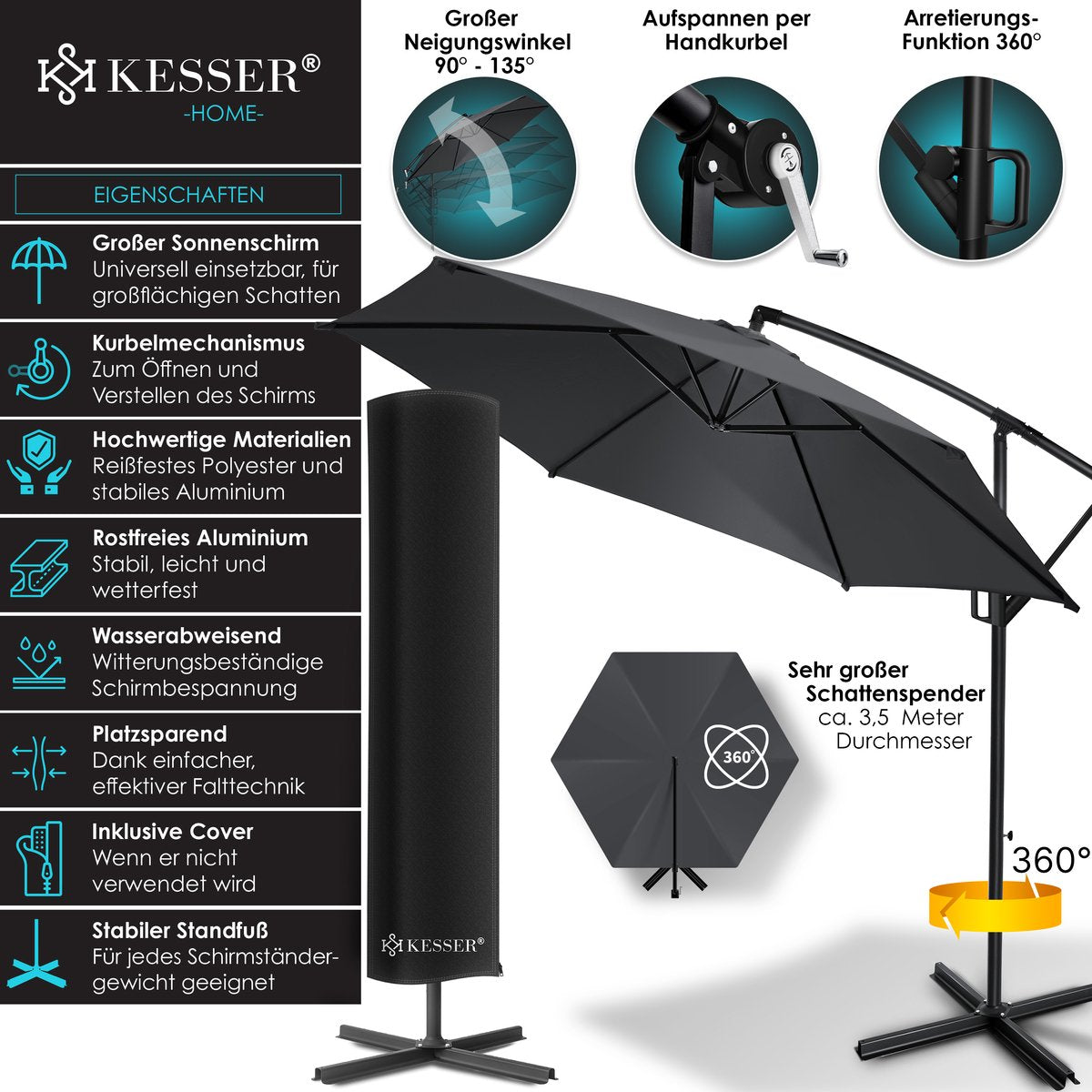 KESSER® Zweefparasol met voet  - Ø3,5m - 360° Draaibaar  - Antraciet