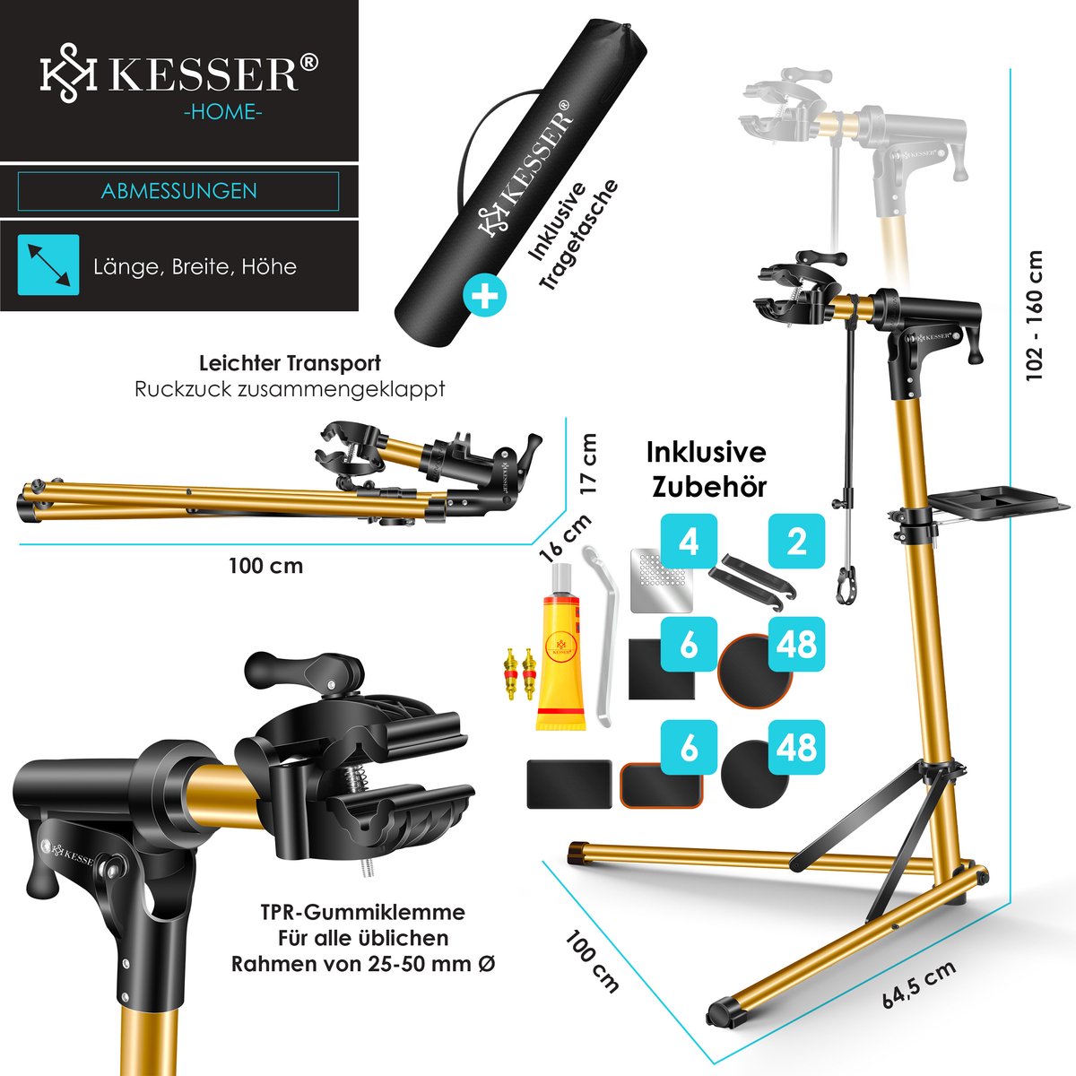 KESSER® Montagestandaard Fiets Reparatiestandaard 360° Draaibaar & Belastbaar tot 25kg | Fietsstandaard Fietslift | Fiets ophangsysteem Montage & reparatie standaard | Fietsstaander Met Draagtas & Fixatiestang - Goud