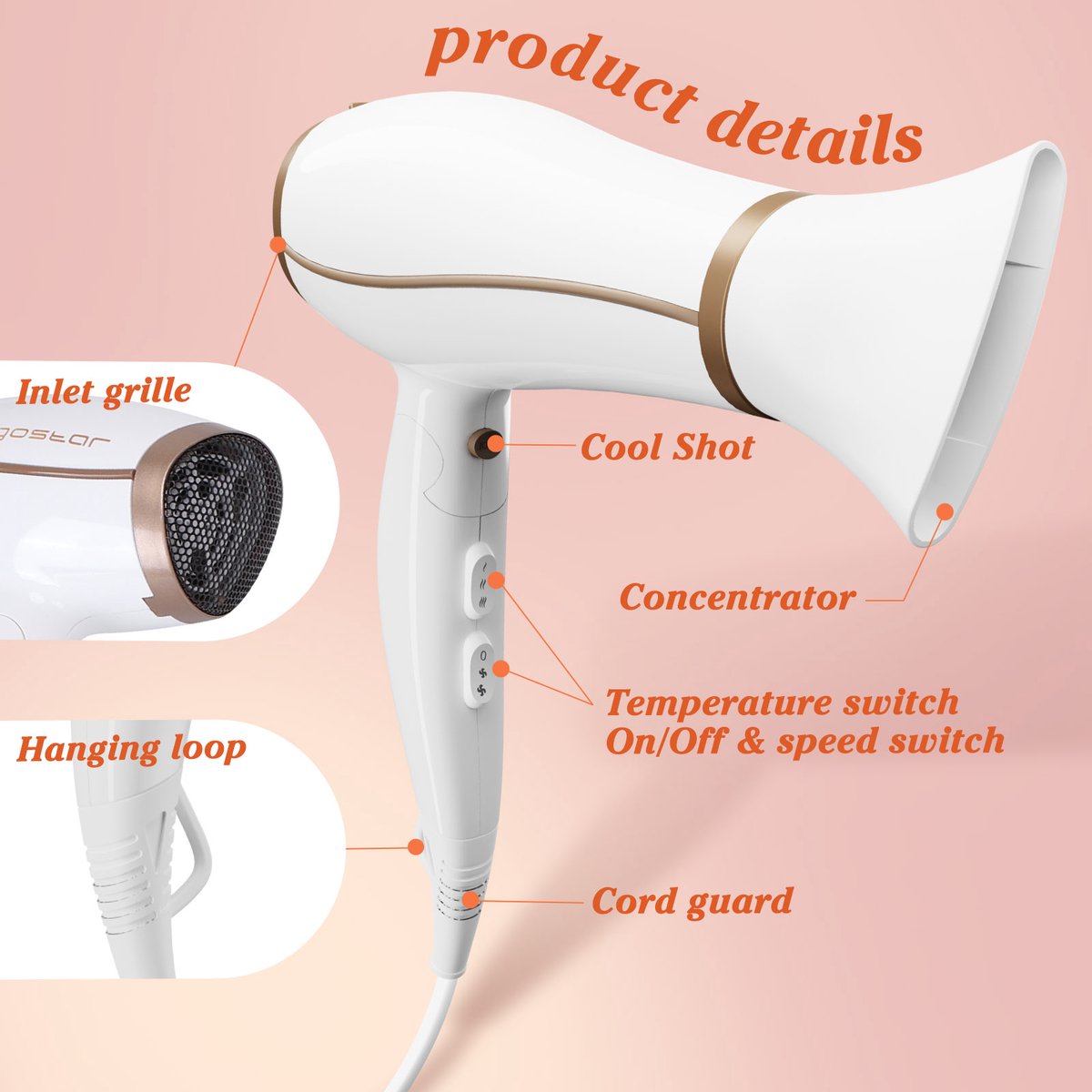 Aigostar föhn - Inklapbare Haardroger - 3 Standen - 2200W - Wit