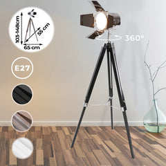 Jago - Staande Vloerlamp met Houten Statief - Chromen Lampenkap - Hoogte Verstelbaar tot max. 148 cm - Vintage/Industriële Lamp - Studiolamp met Statief - Zwart
