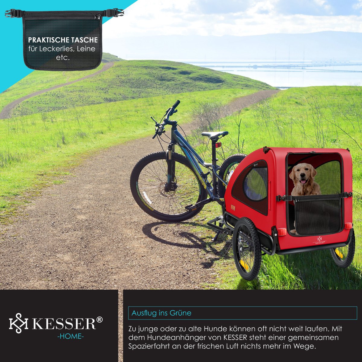 KESSER® Hondenfietskar tot 45 kg 3in1 Fietskar Hond - Rood