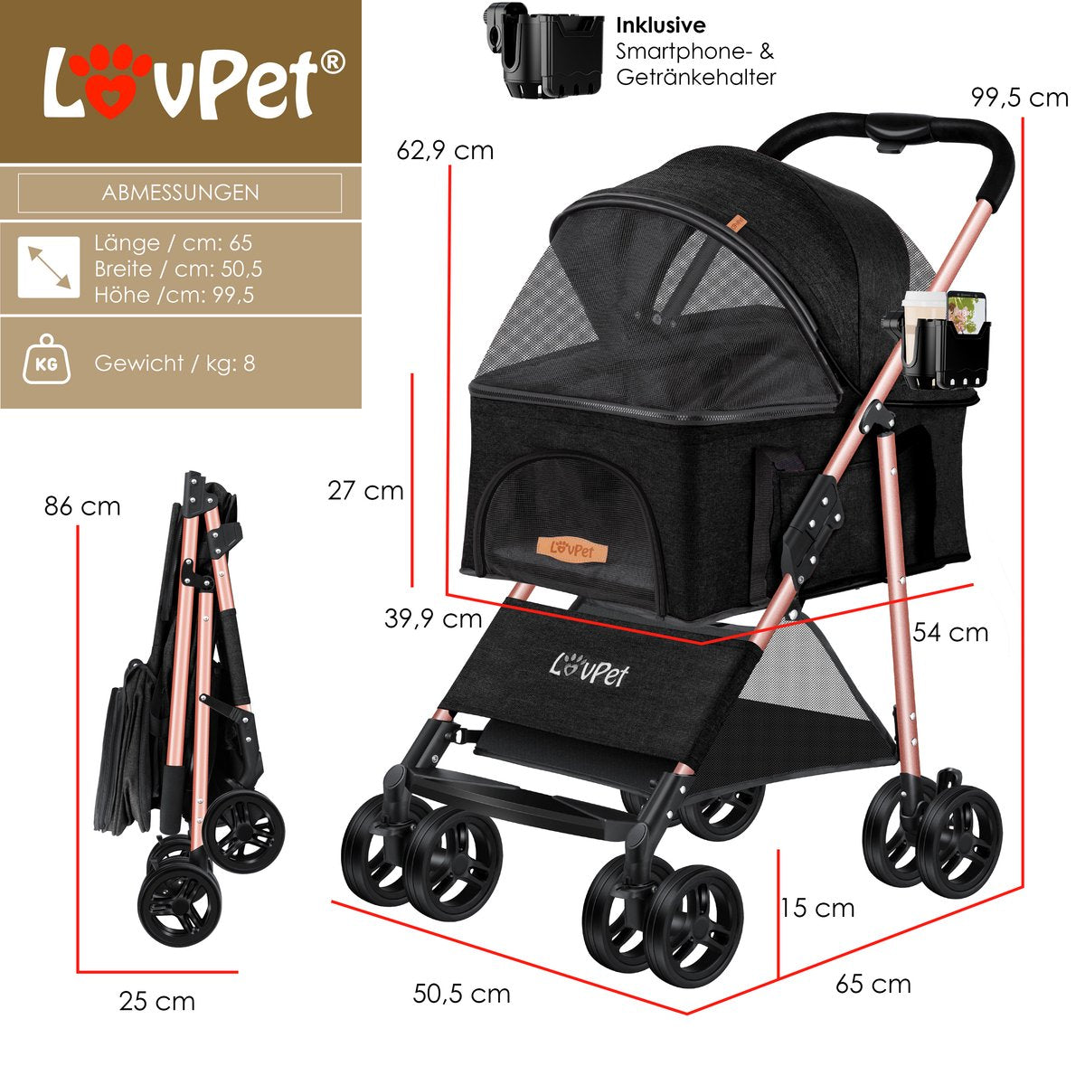 LOVPET® Hondenbuggy 2in1 Huisdieren - Wandelwagen - Zwart