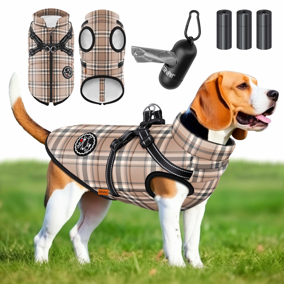 LOVPET® Hondenjas Hondenvacht met Harnas Waterafstotend, incl. 45 Stuks Poepzak + Dispenser, Winter Vest Hond Waterdicht Gevoerd, Gewatteerd Vest Met Borstband, Reflectoren, D-Ring - Beige / XL