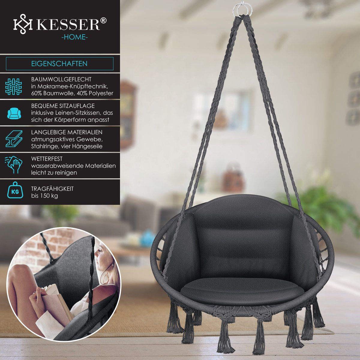 KESSER® Hangstoel - Binnen & Buiten - Tot 150kg - 2 Kussens - Antraciet