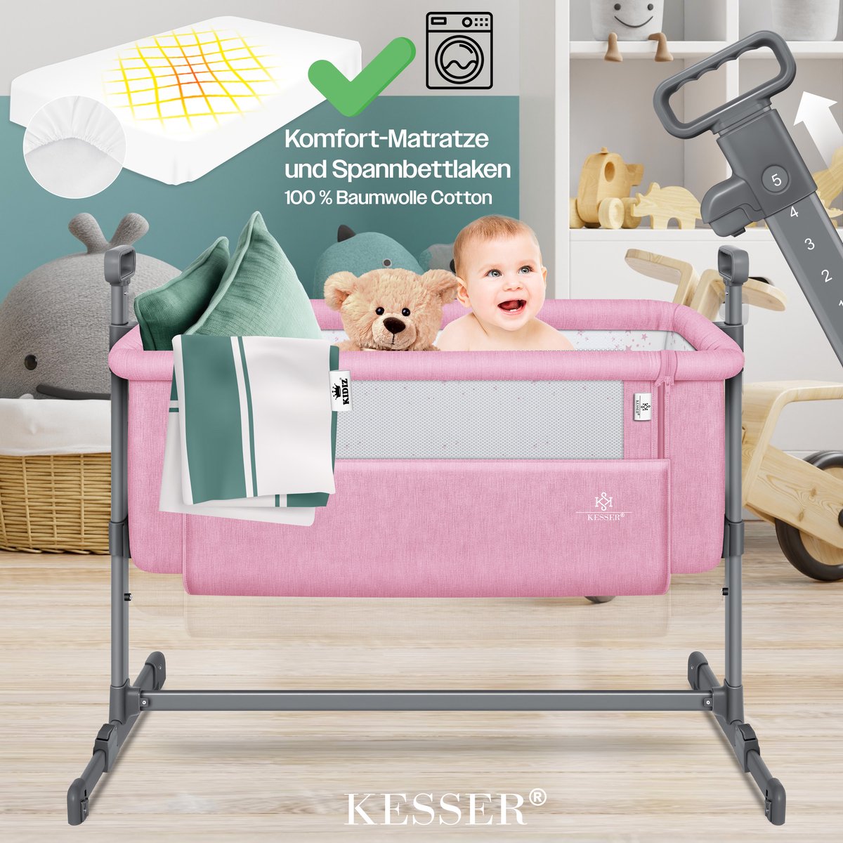 KESSER® 3in1 Ledikant - Babybed - Verstelbaar - Inklapbaar - Lichtgrijs