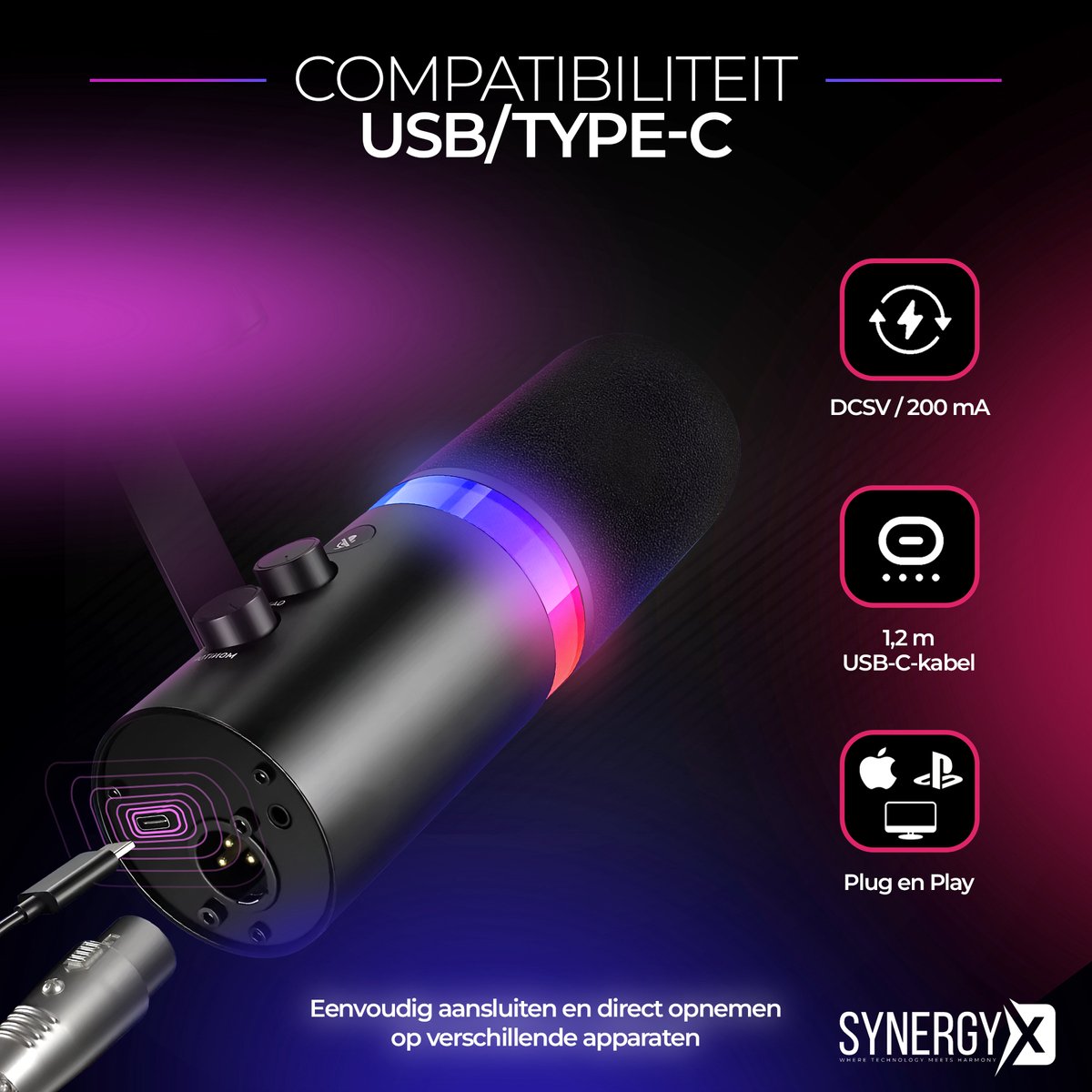 SynergyX SonicFlex Pro ll Microfoon - USB Gaming Microfoon Met Arm XC7 - PC-Gaming - Geschikt voor PC/PS4/PS5 - RGB - Podcast - Gaming - Streaming - Zwart
