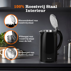 Taylor Swoden - Waterkoker Dubbelwandig 2200W - 1,5 Liter - Double Walled Kettle - Warmhoudfunctie - Cool-touch - 360° draaibaar - Zwart •