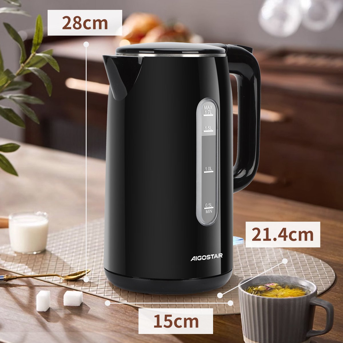 Aigostar Waterkoker Dubbelwandig - 1,7L - Retro - 2200W - Zwart •
