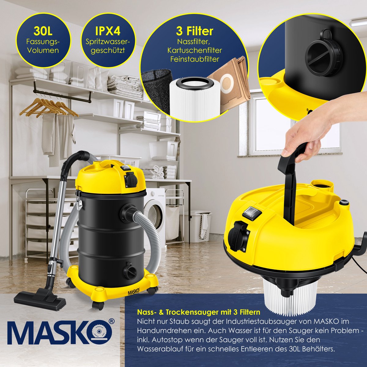 MASKO® Industriële stofzuiger 2300W - Droog- & Natzuigen - Geel