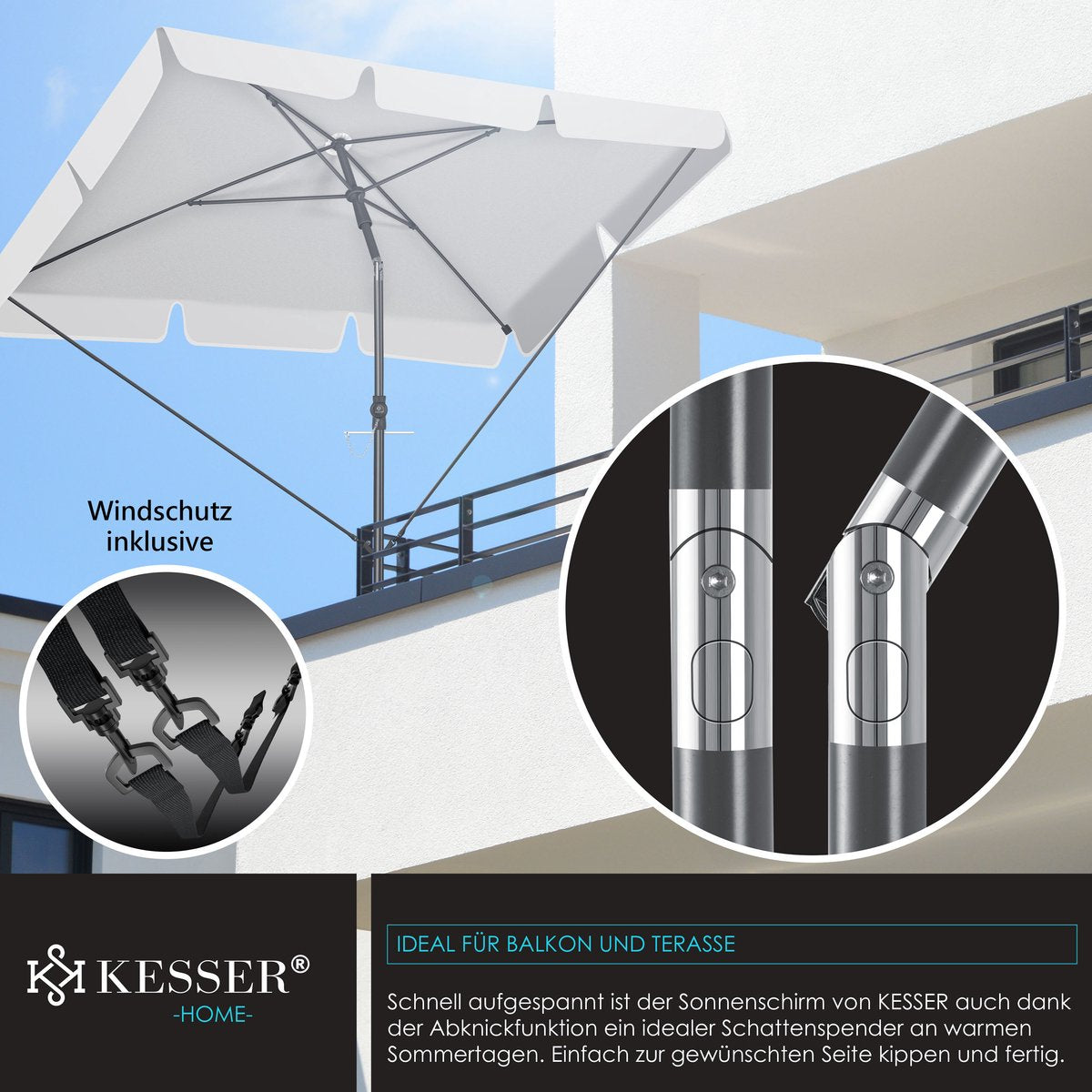 KESSER® Stokparasol Inclusief Beschermhoes & Draagtas 200 × 125cm - Parasol voor Balkon, Tuin & Terras Tuinparasol Strandparasol - Lichtgrijs