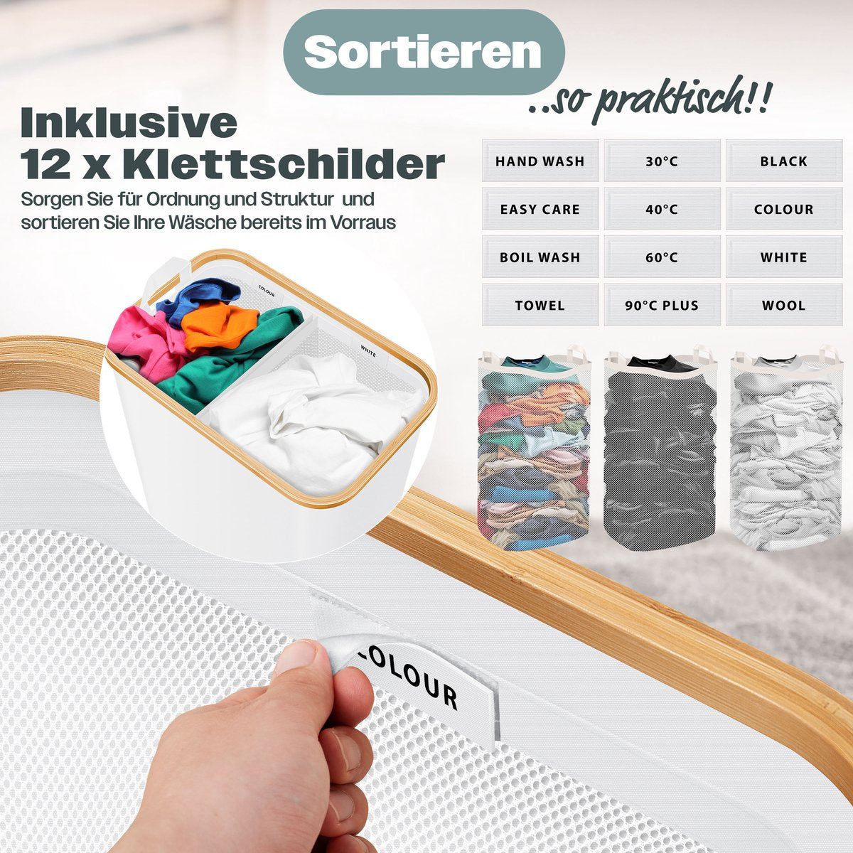 KESSER® Wasmand met Deksel - Opvouwbare Wasbox - Wassorteerder met Uitneembare 3x Waszakken inclusief wasinstructies - Wit, 140 liter