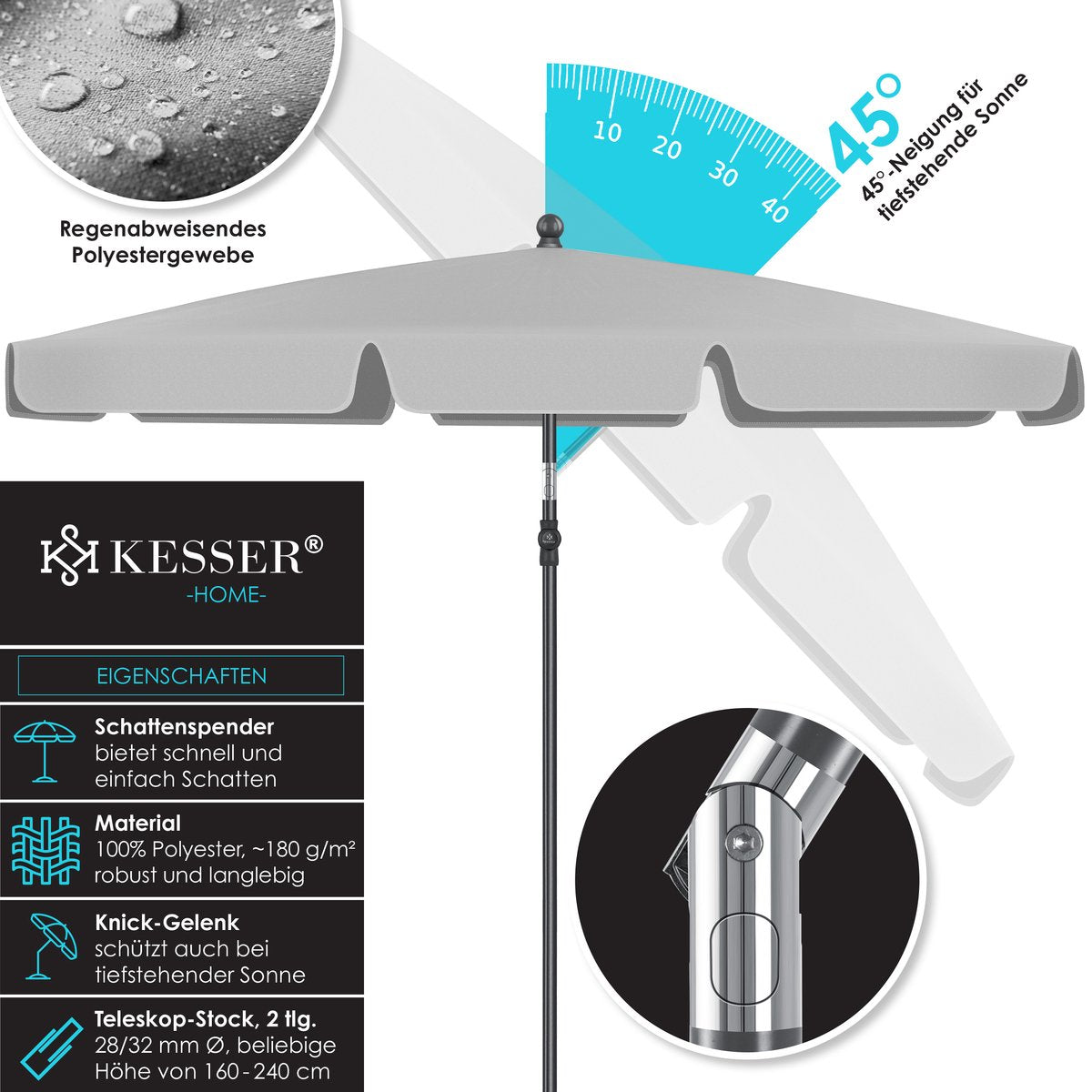 KESSER® Stokparasol Inclusief Beschermhoes & Draagtas 200 × 125cm - Parasol voor Balkon, Tuin & Terras Tuinparasol Strandparasol - Lichtgrijs