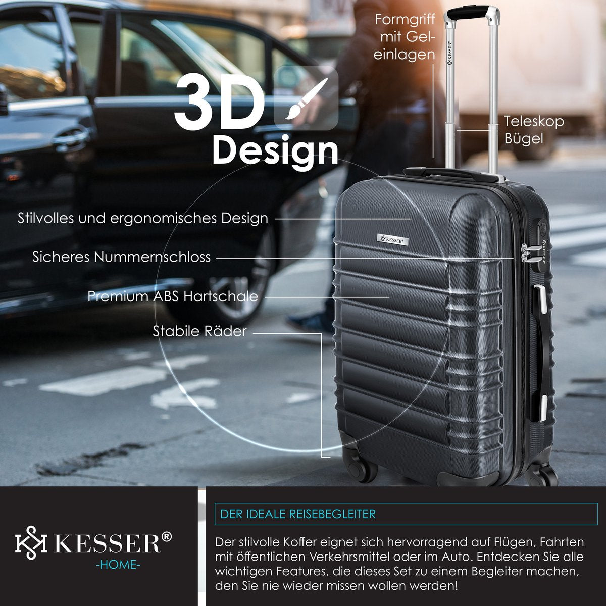 KESSER® Reiskoffer - 55L - Handbagage - ABS - Antraciet