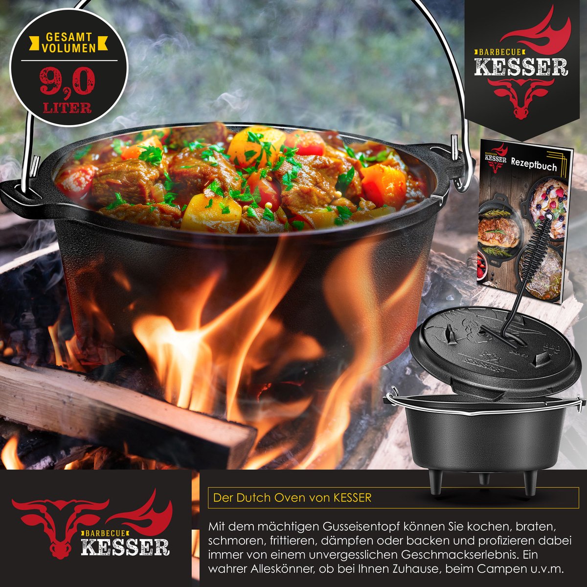 KESSER® Dutch Oven Set - 9L - Vuurpan - Stoofpan - Gietijzeren pan