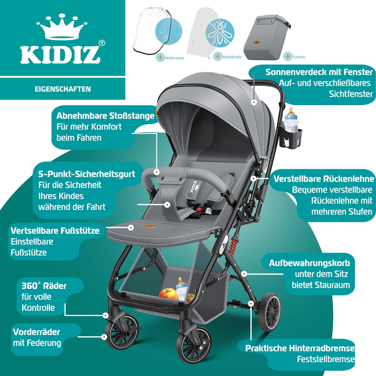 KIDIZ® Kinderwagen - Buggy - Kinderbuggy - Grijs