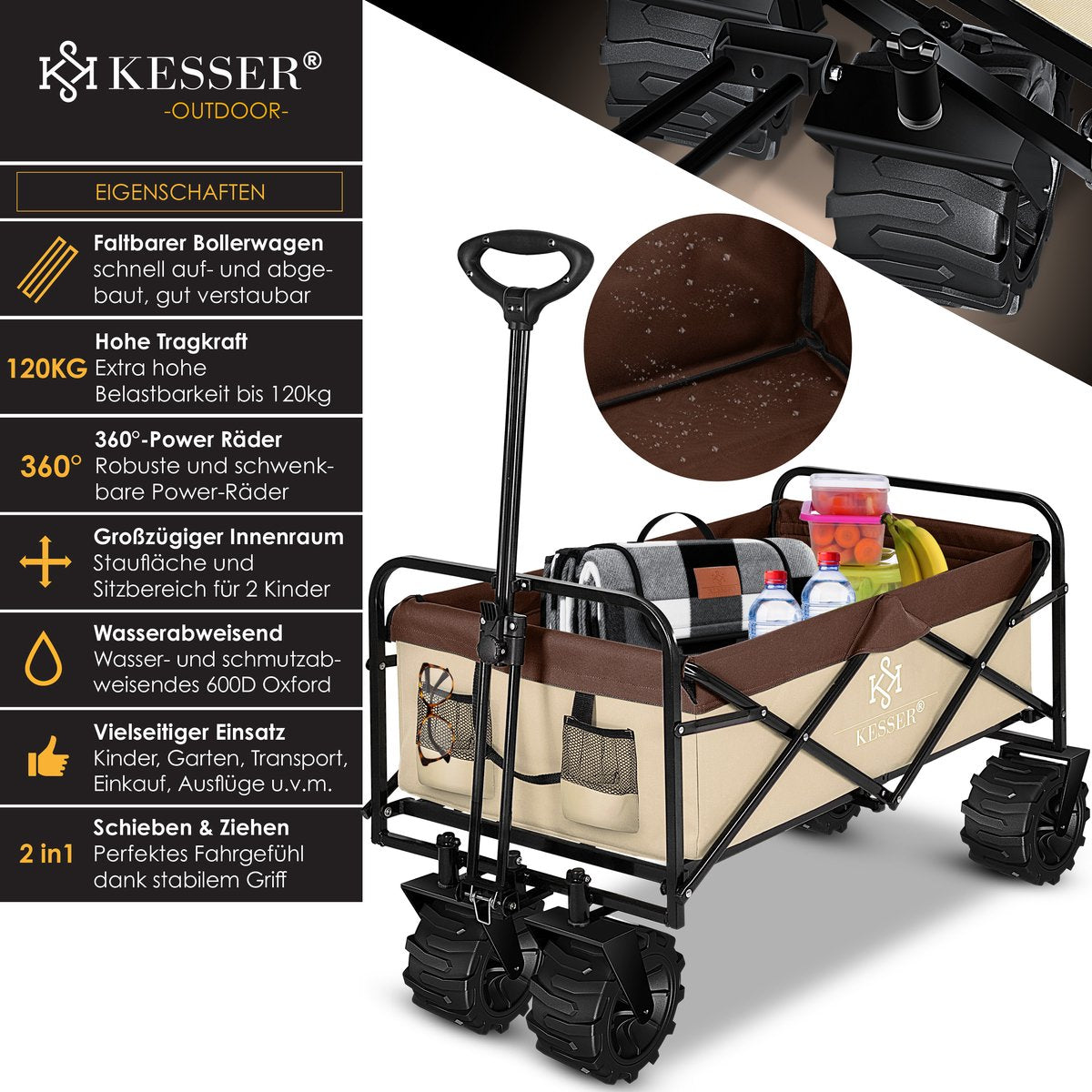 KESSER® Bolderkar opvouwbaar Bolderwagen tot 120 kg draagvermogen - Strandkar Transportkar - Beige