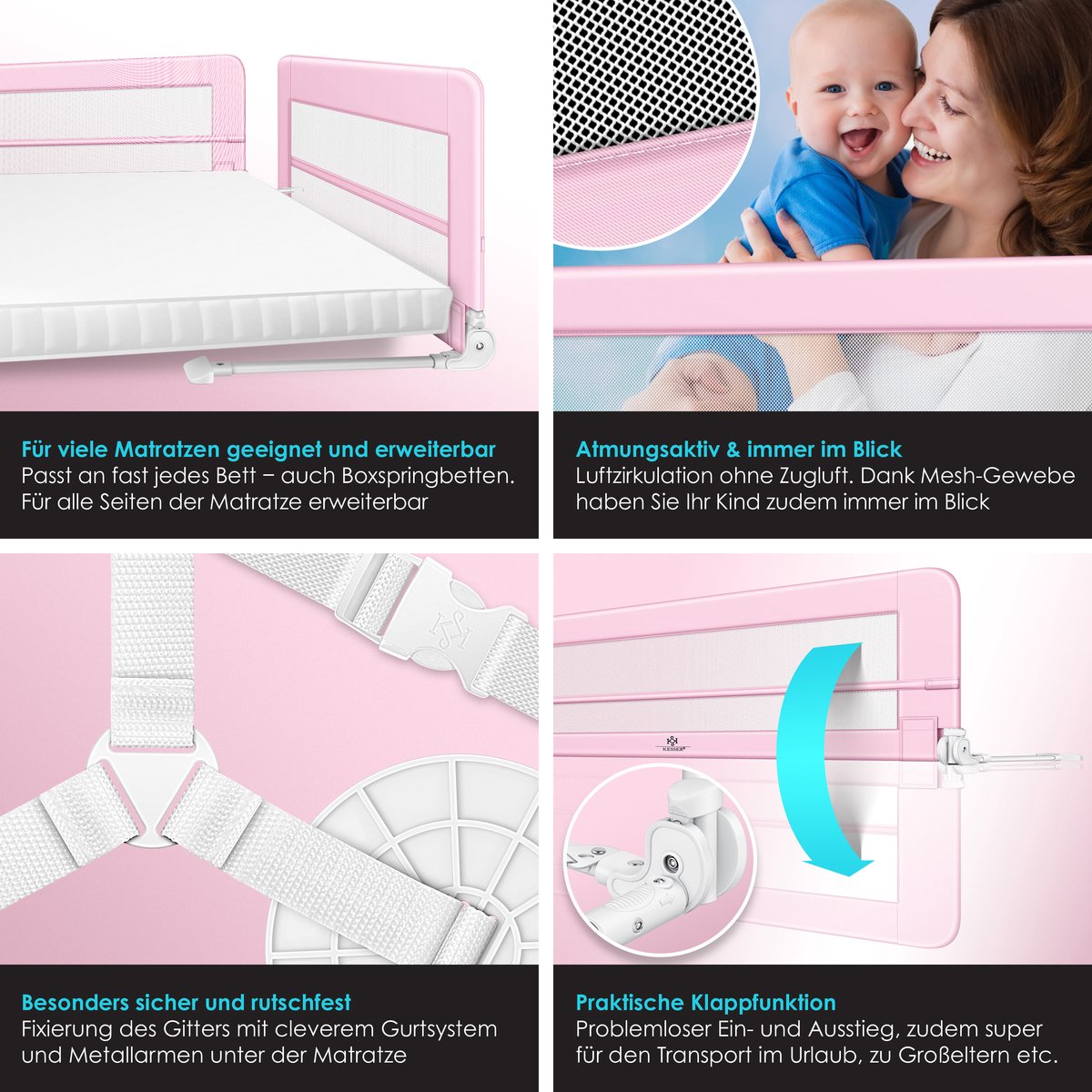 KESSER® bedhekje - Kinderbedhek - Bedhek - Babybedhek Valbeveiligingsbed voor Bed & boxspring - 200 cm, Roze