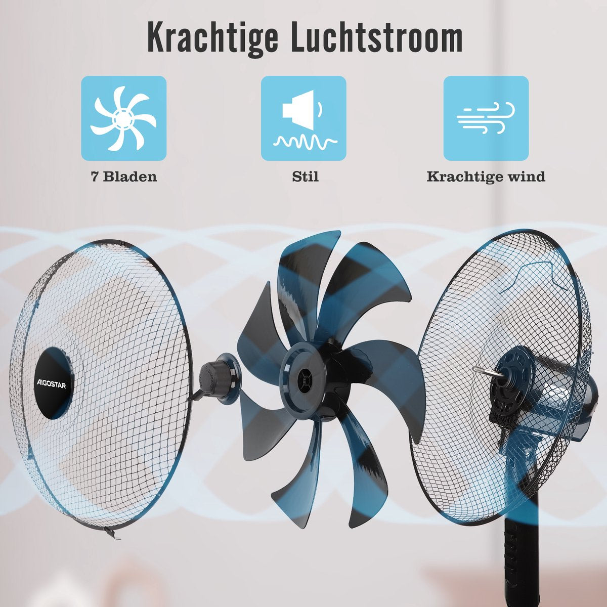 Aigostar Statiefventilator - Ventilator Staand - Verstelbaar - 50W - Zwart •