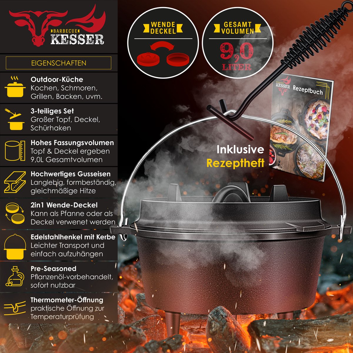 KESSER® Dutch Oven Set - 9L - Vuurpan - Stoofpan - Gietijzeren pan