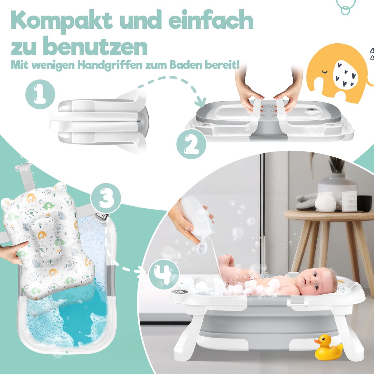 KIDIZ® Babybadje Opvouwbaar met Thermometer - 0-12 Maanden - Lichtgrijs